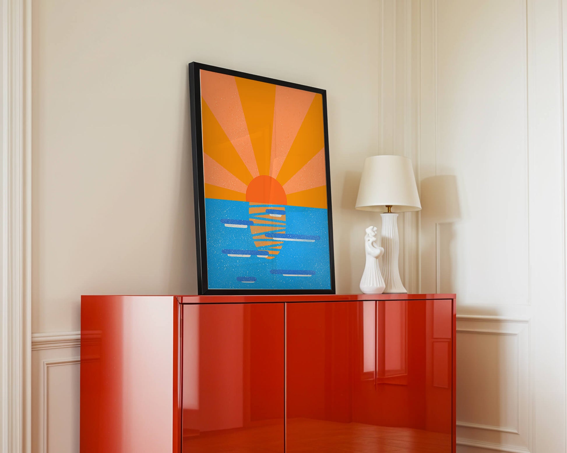 A vibrant sunrise illustration over the ocean with colorful rays