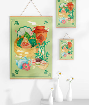 Illustration de nourriture festive chinoise mettant en scène des zongzi traditionnels et un service à thé