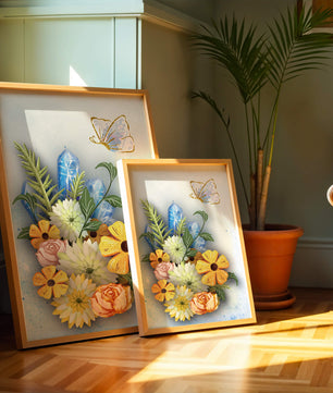 Floral and crystal arrangement with golden butterfly
