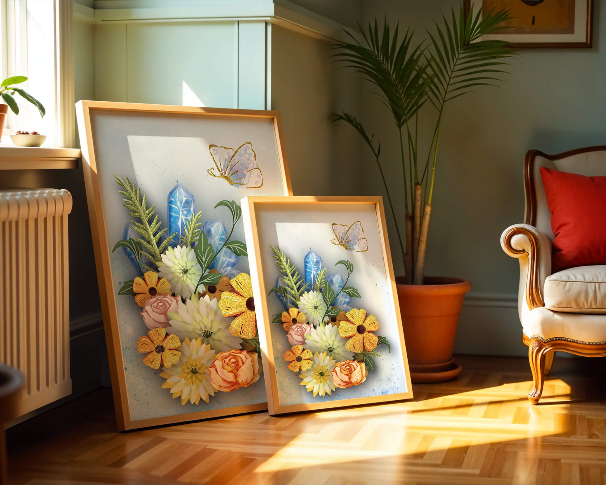 Floral and crystal arrangement with golden butterfly