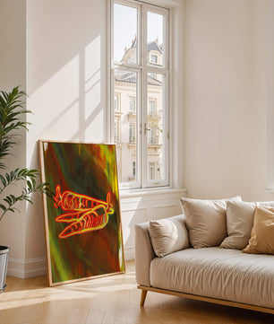 Abstract art featuring neon carrots on a colorful background