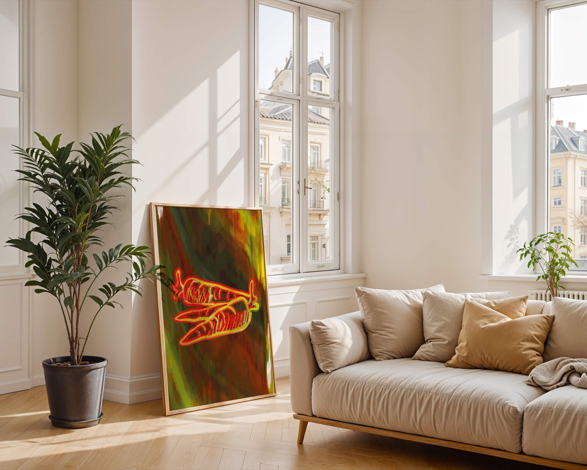 Abstract art featuring neon carrots on a colorful background