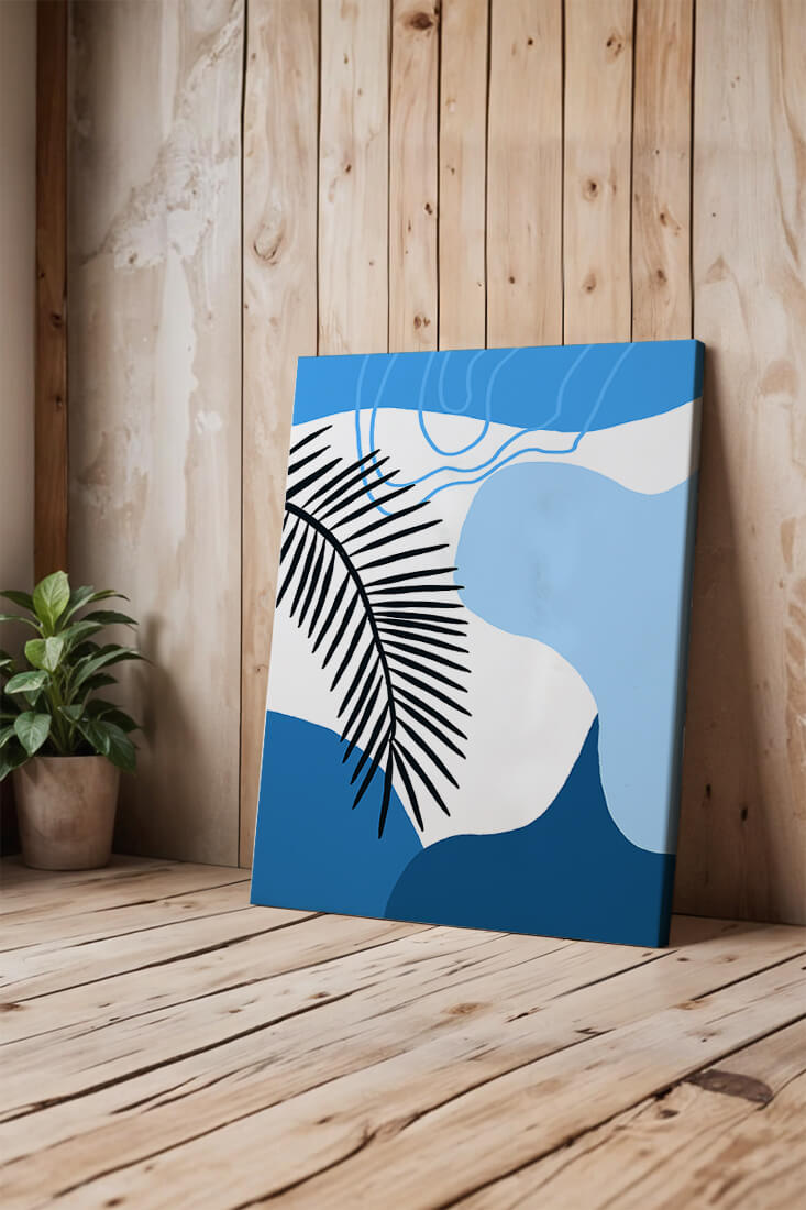 Hoja de palma abstracta sobre fondo azul con líneas fluidas