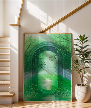 Un túnel de jardín verde sereno con agua reflectante