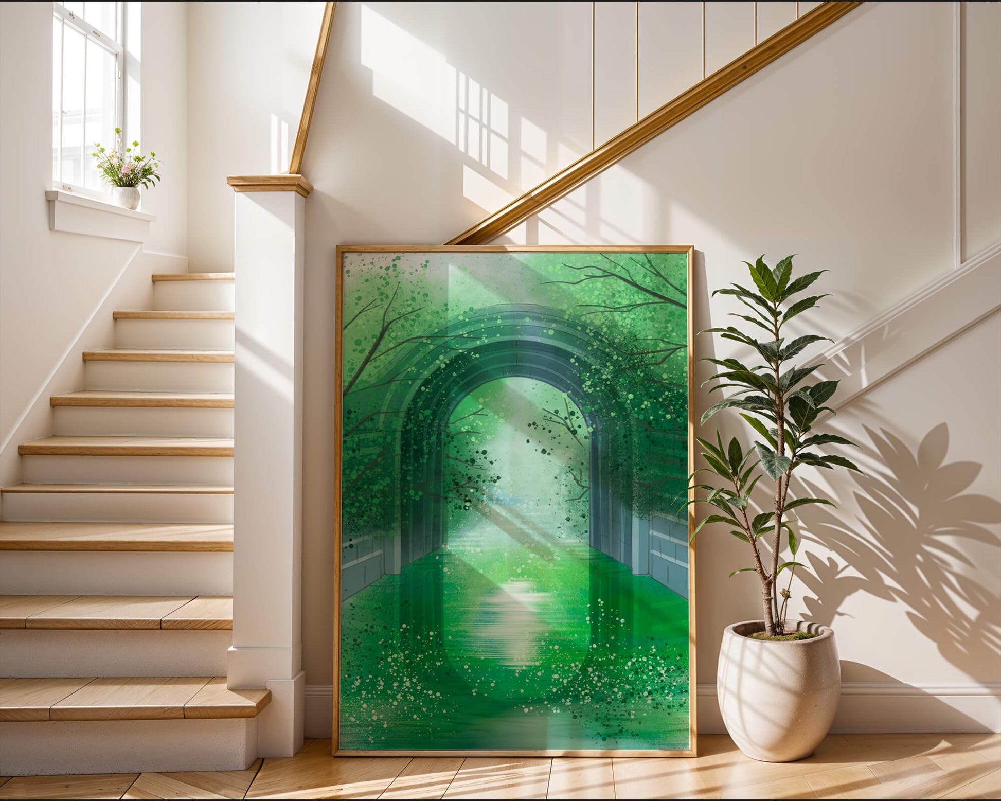A serene green garden tunnel with reflective water