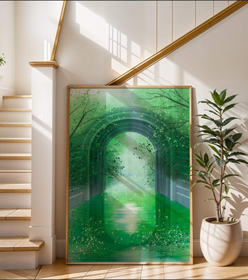 A serene green garden tunnel with reflective water