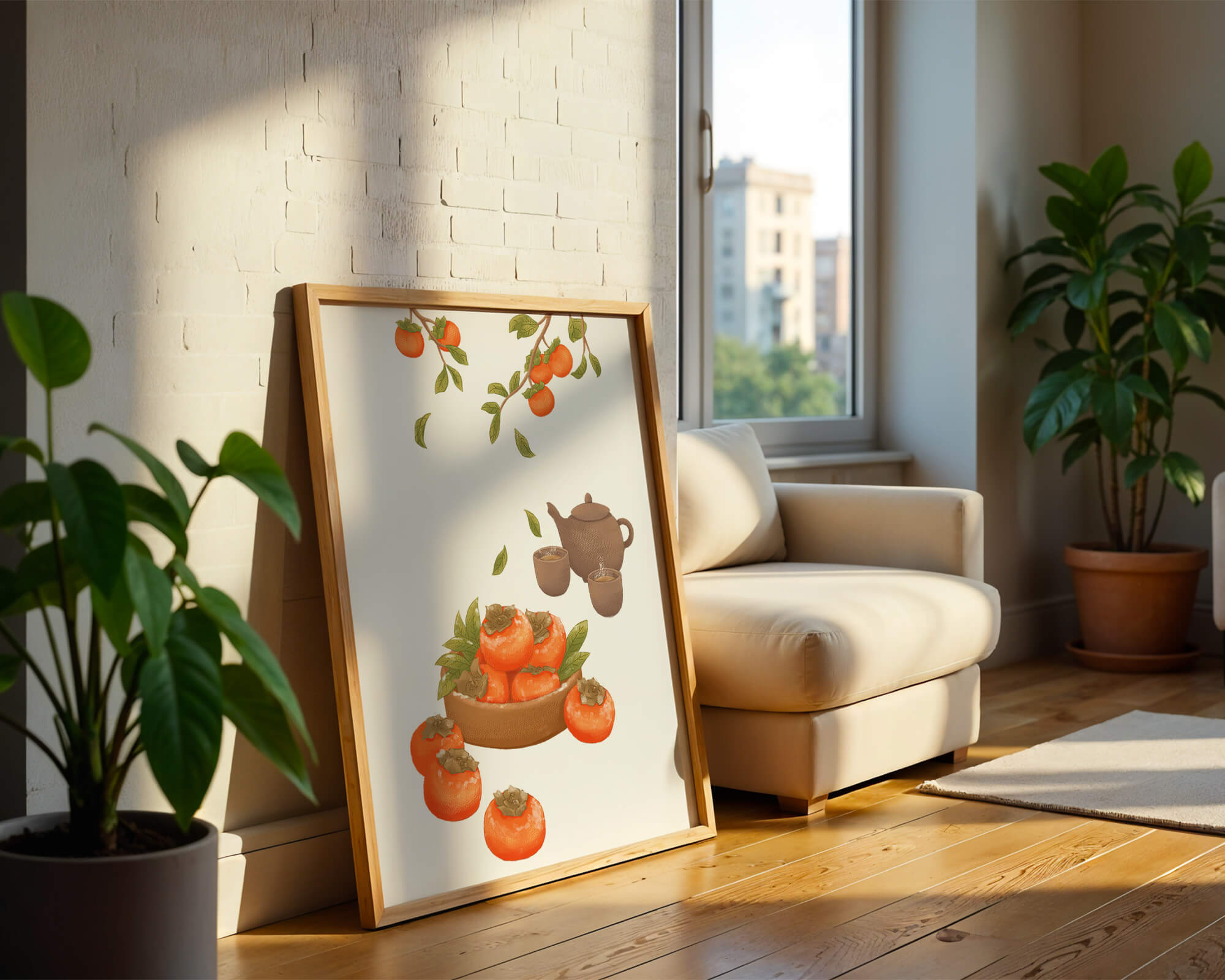 Cozy tea setting with persimmons and branches