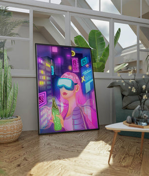 Escena urbana futurista con luces de neón y elementos de realidad virtual