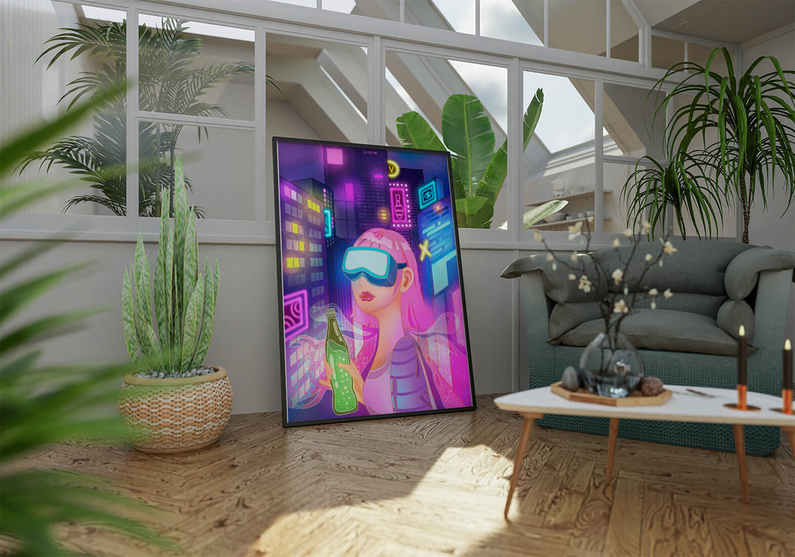 Futuristic urban scene with neon lights and virtual reality elements