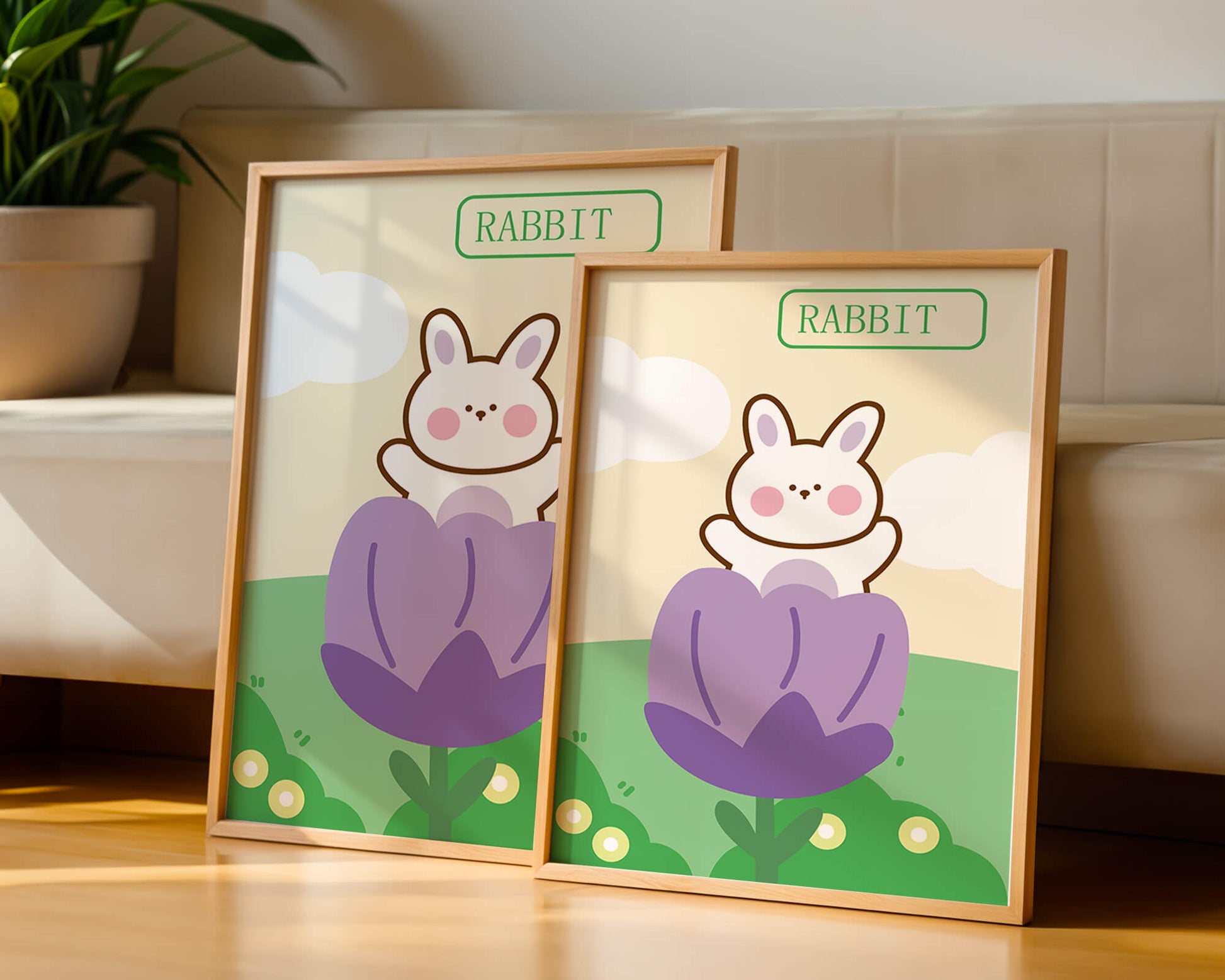Ilustración caprichosa de un conejo adorable en una flor con colores pastel