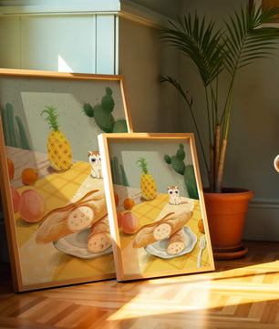 Gato con gafas de sol en un entorno tropical con baguettes y frutas