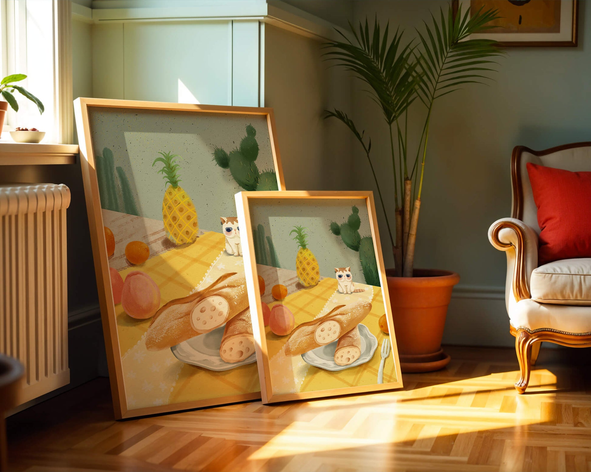 Gato con gafas de sol en un entorno tropical con baguettes y frutas