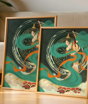 Elegant depiction of traditional musical culture with vibrant flowing ribbons and intricate patterns