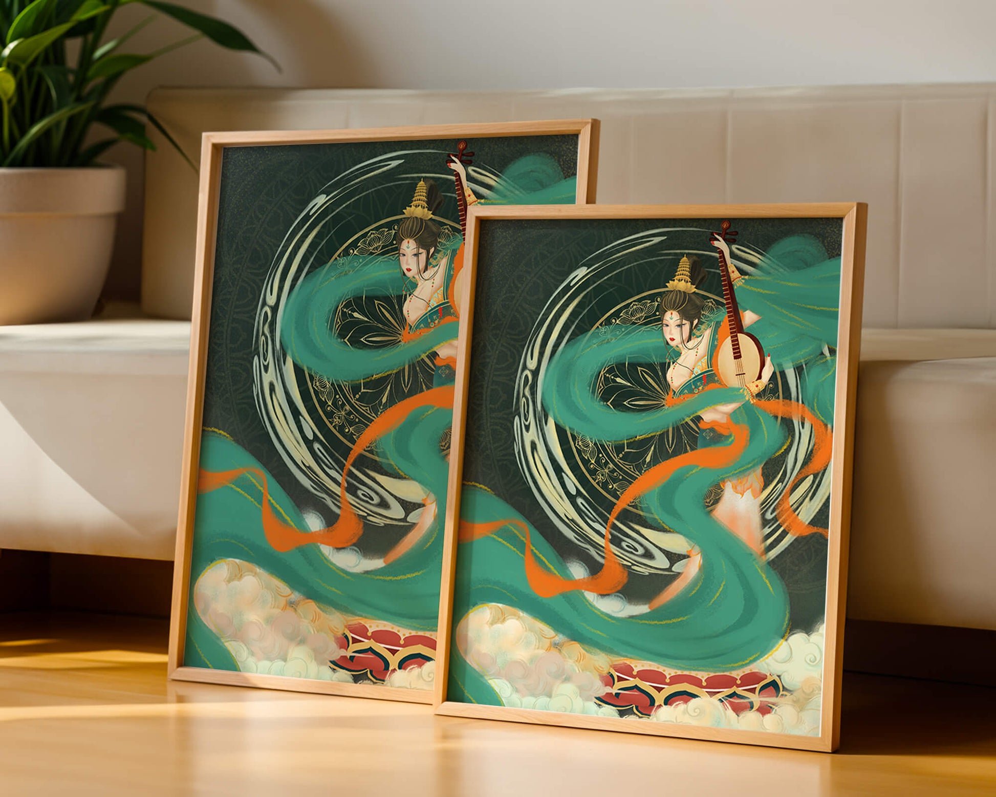 Elegant depiction of traditional musical culture with vibrant flowing ribbons and intricate patterns