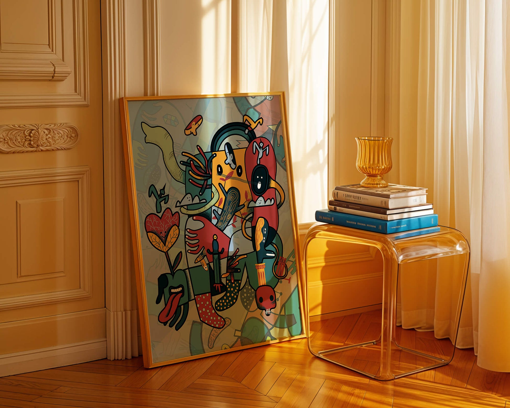 Composición artística surrealista abstracta con colores vibrantes