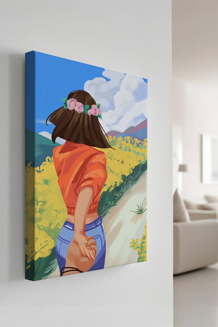 Woman in Nature with Floral Headband and Holding Hands on a Sunny Day