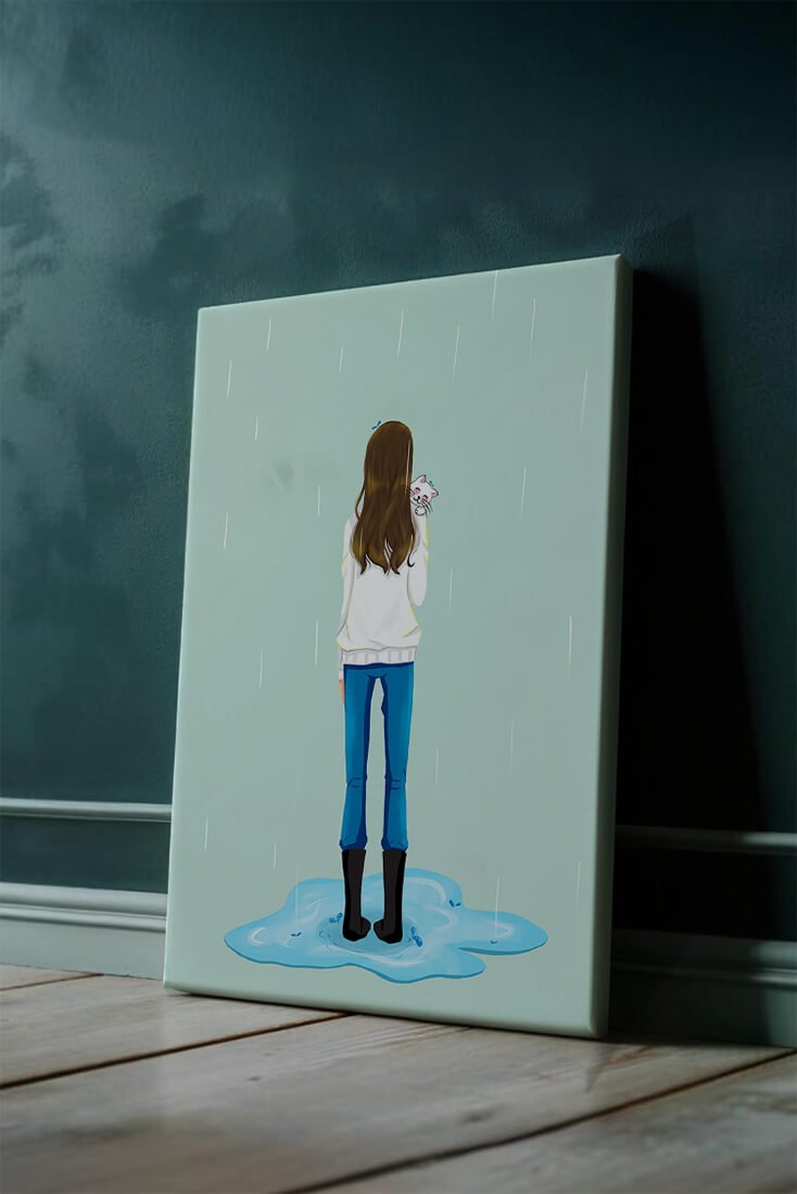 Young woman with cat in the rain