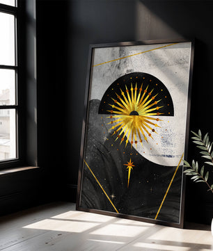 Abstract cosmic design featuring golden sunburst and celestial elements