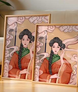 Elegante representación de una mujer con atuendo tradicional y nubes giratorias