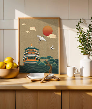 Traditional Asian artwork with cranes and pagoda under a red sun