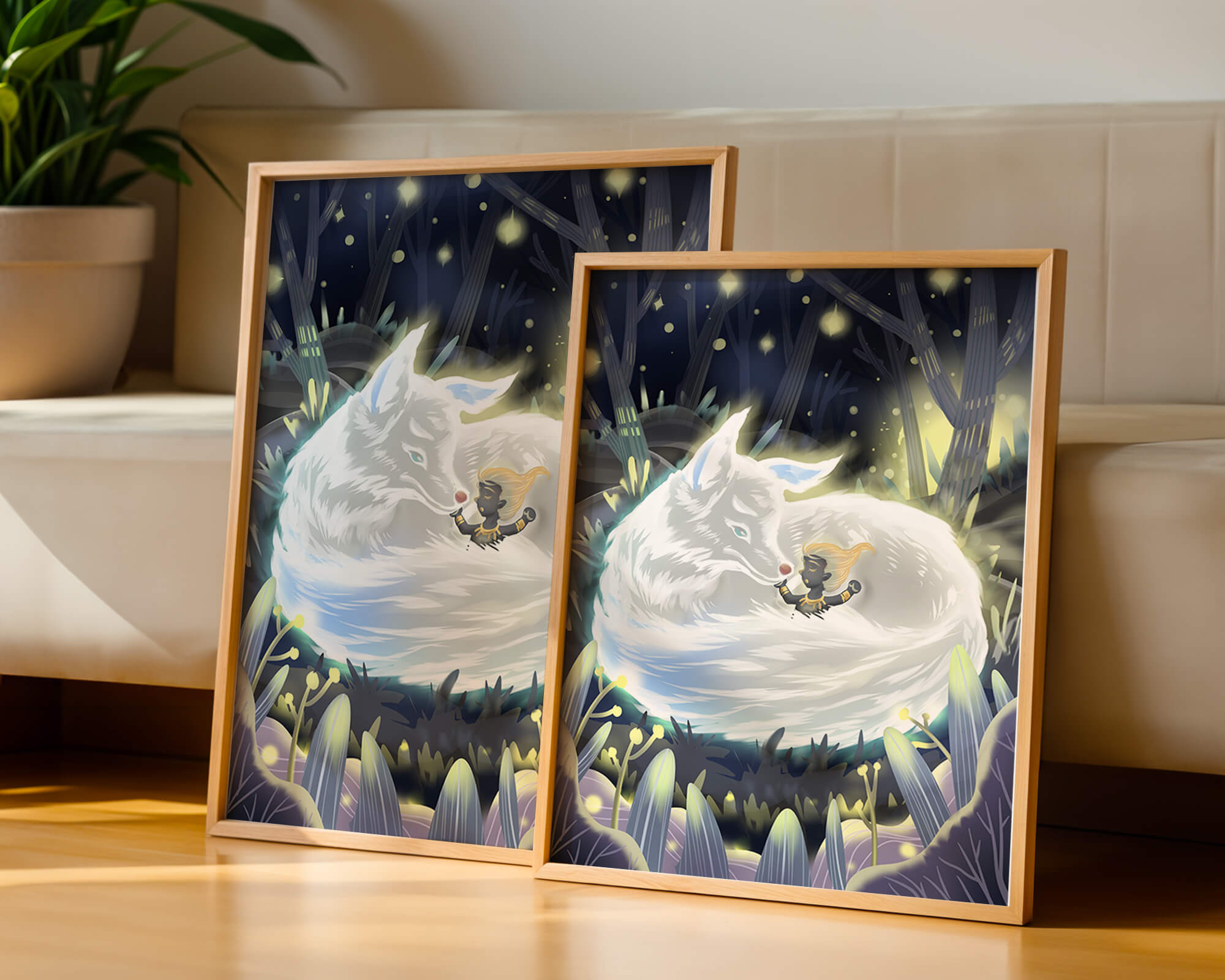 Whimsical forest scene with a sleeping wolf and a mysterious figure at night