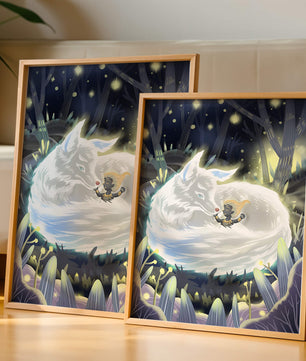 Scène de forêt fantaisiste avec un loup endormi et une silhouette mystérieuse la nuit