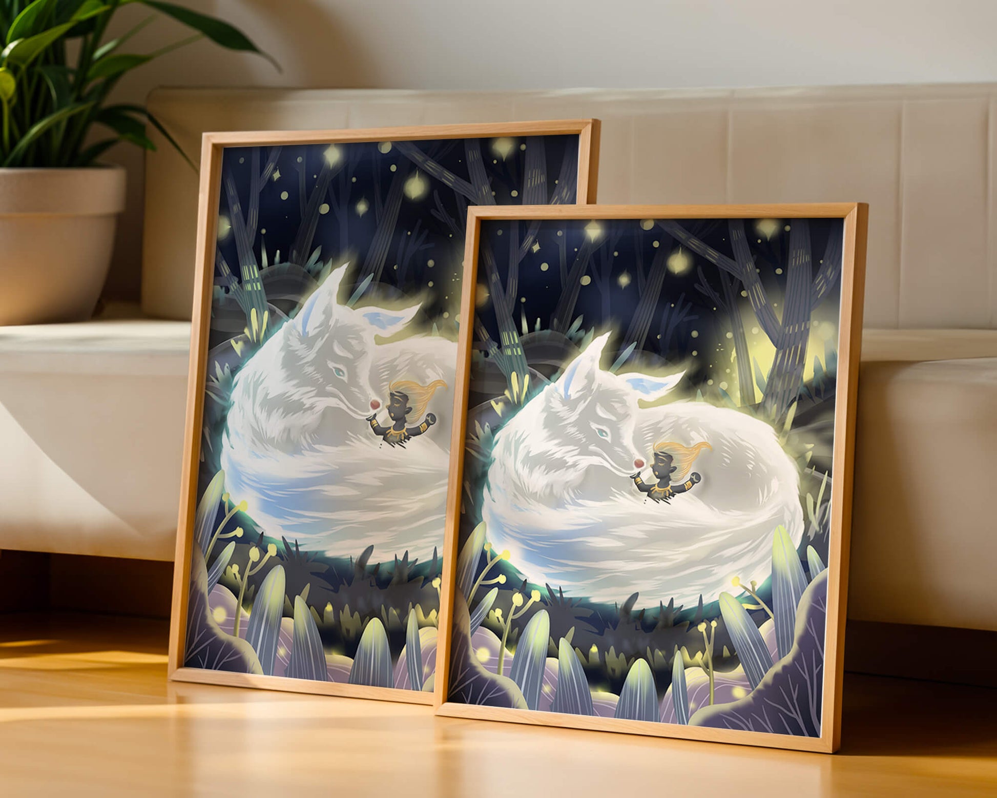 Whimsical forest scene with a sleeping wolf and a mysterious figure at night