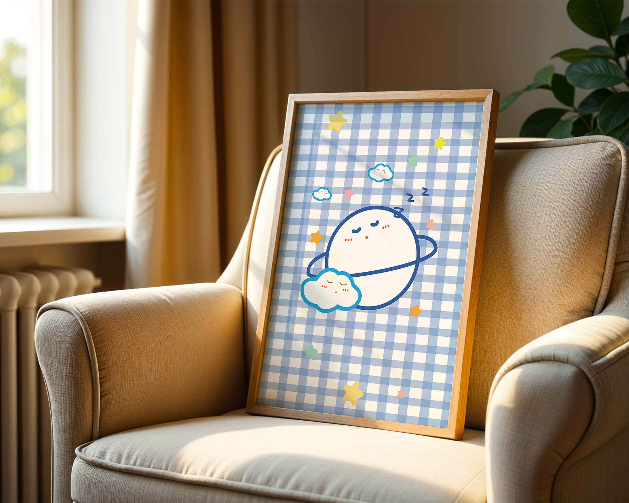 Whimsical sleep theme with planets and clouds on a checkered background