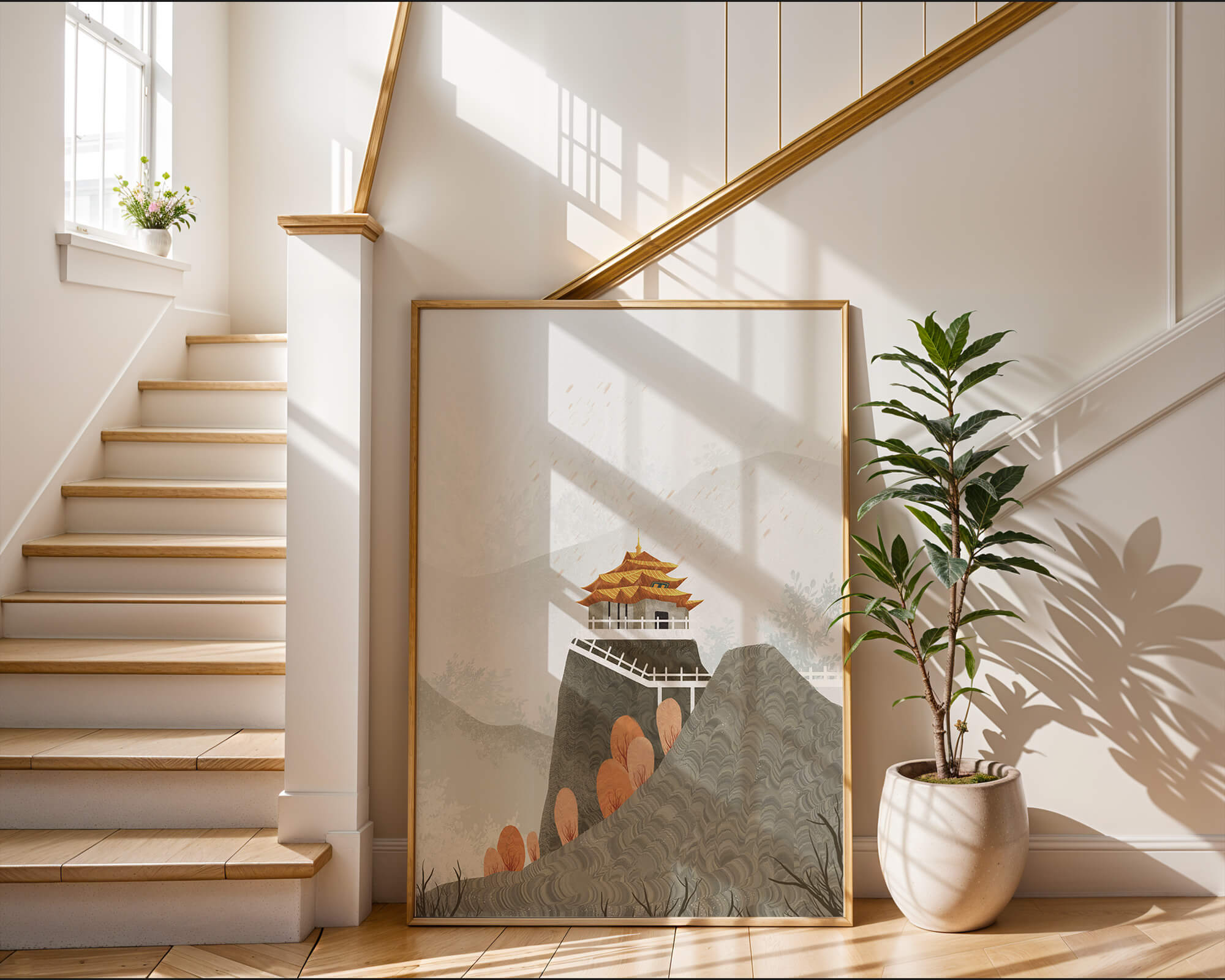 Serene mountain landscape with traditional Asian architecture