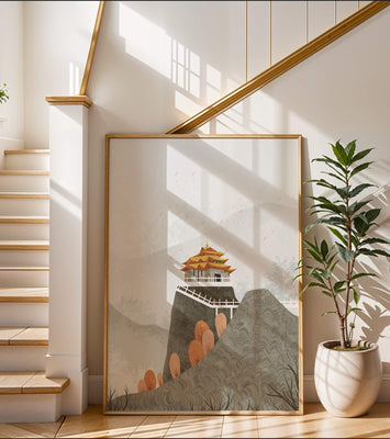 Serene mountain landscape with traditional Asian architecture