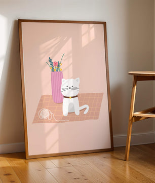 Illustration of a cute white cat with a pink vase and yarn ball on a pastel background