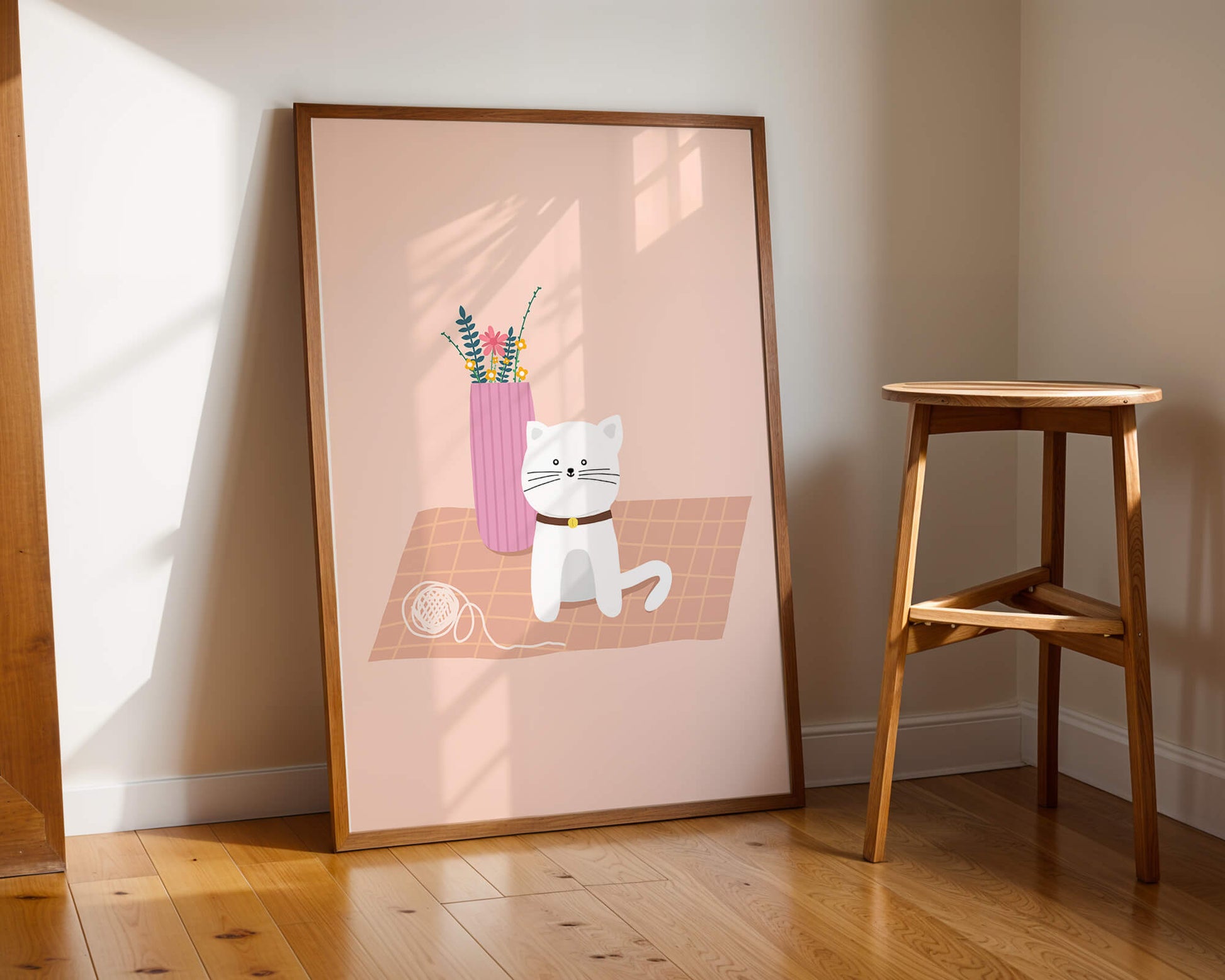 Illustration of a cute white cat with a pink vase and yarn ball on a pastel background