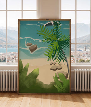 Serene tropical beach scene with lush greenery and calm waves