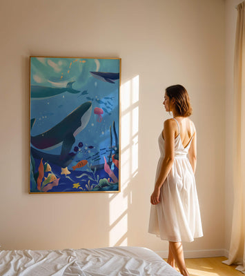 Underwater scene with whales, fish, and coral reef