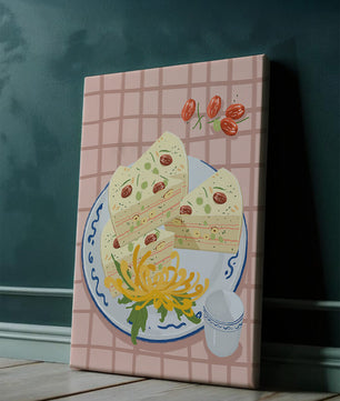 Illustration of layered cake on patterned plate with flowers and a cup