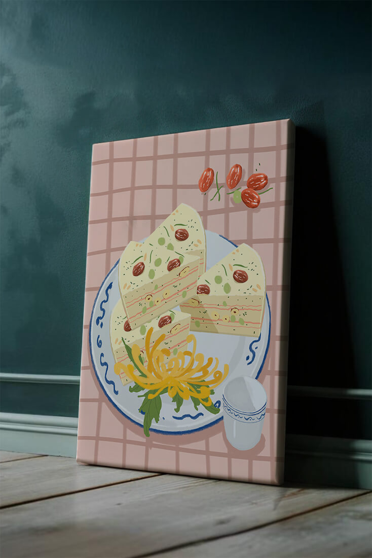 Illustration of layered cake on patterned plate with flowers and a cup