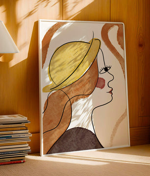 Retrato de línea moderna de una mujer con sombrero y colores vibrantes