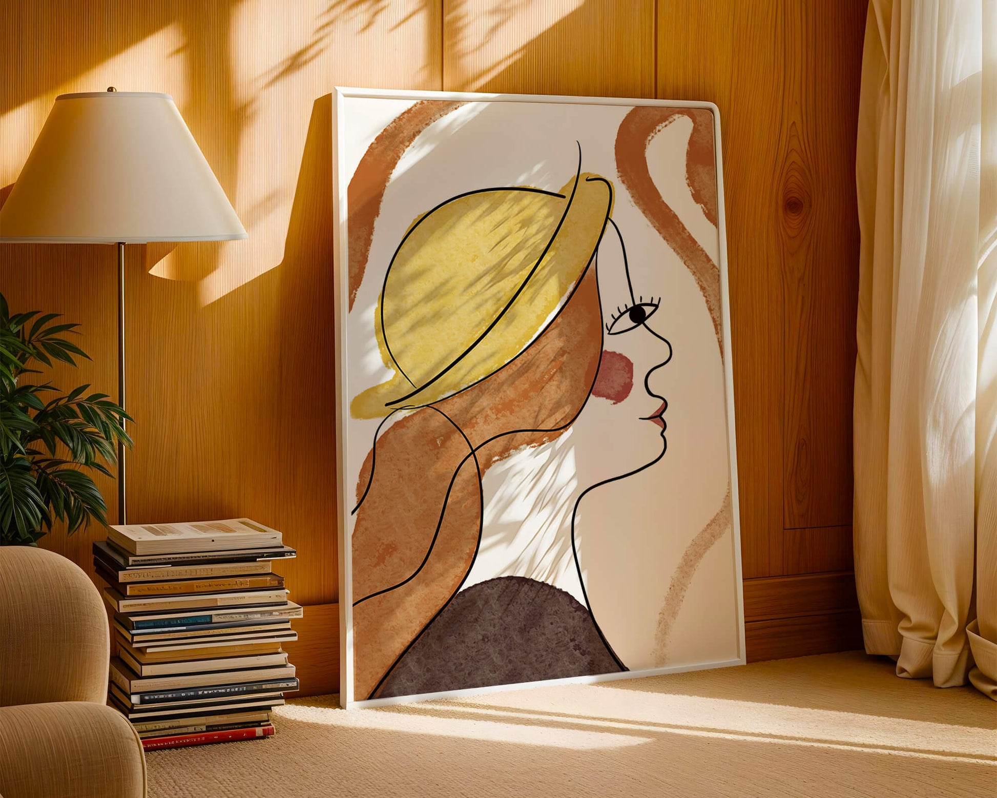 Retrato de línea moderna de una mujer con sombrero y colores vibrantes