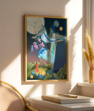 Vida oceánica surrealista emergiendo de un libro en una escena forestal onírica
