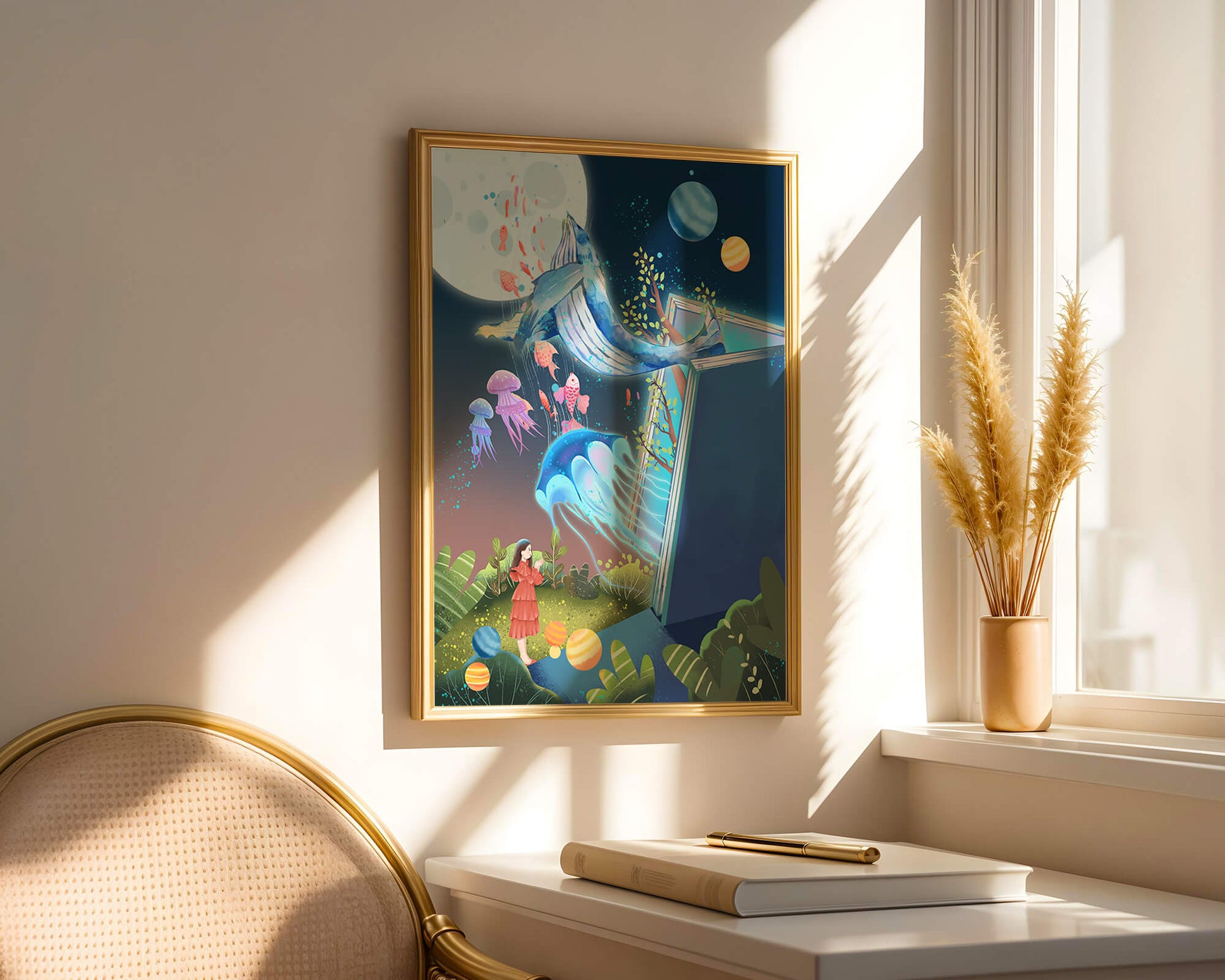 Surreal Ocean Life Emerging From a Book in a Dreamlike Forest Scene