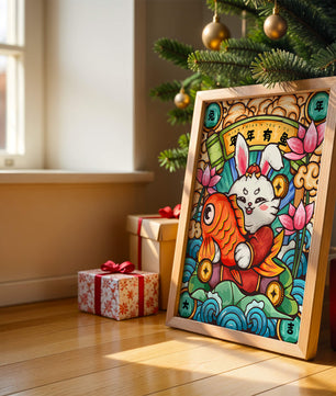Festive rabbit holding golden fish with lotus flowers and waves in a traditional design