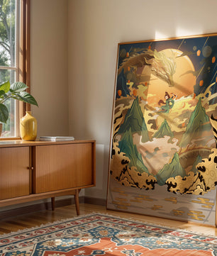 Mythical dragon and warrior painting with golden elements against a mountainous landscape