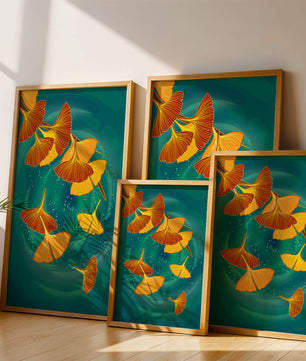 Blätter des Ginkgo-Stylings auf einem türkisfarbenen Hintergrund schweben
