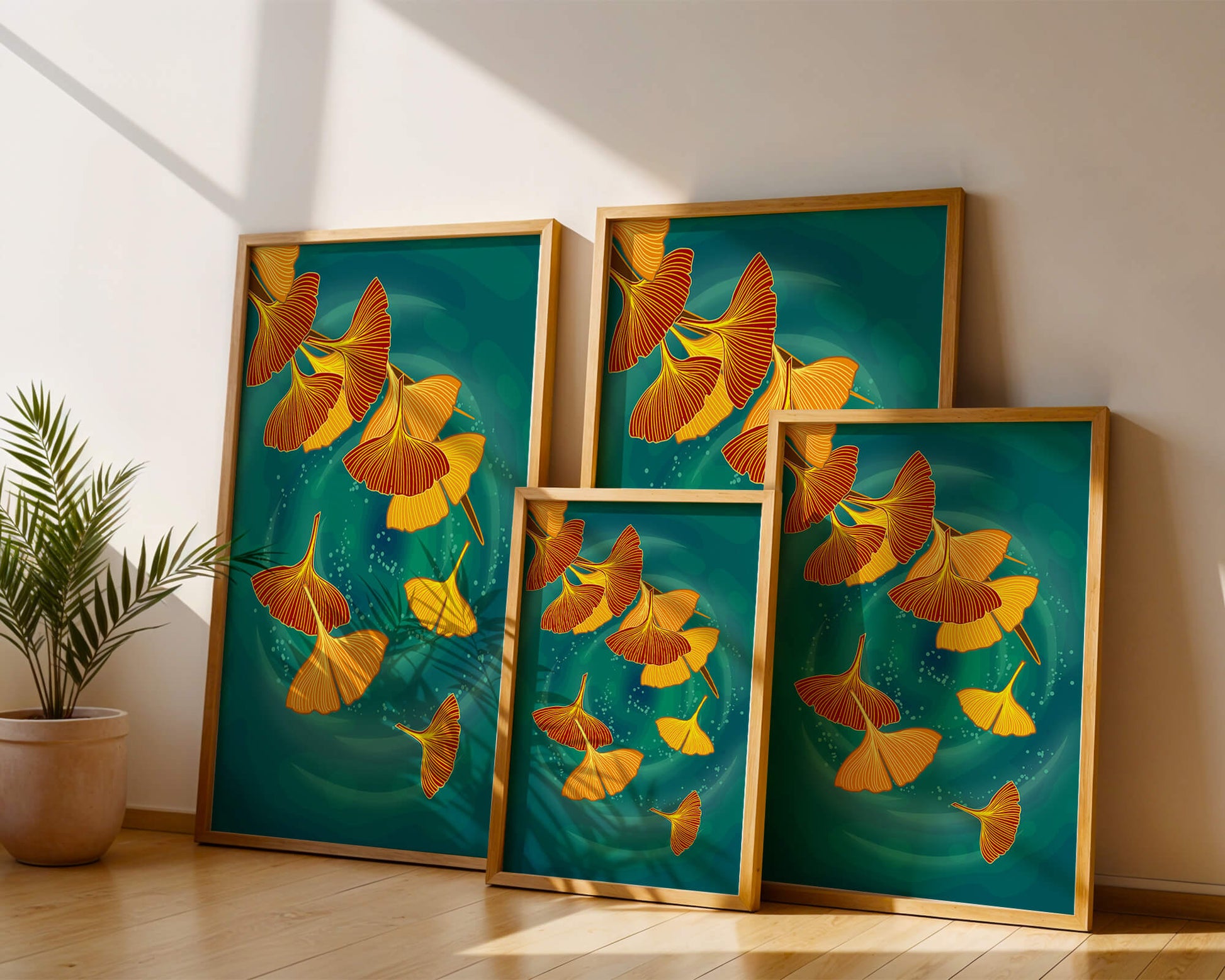 Stylized Ginkgo Leaves Floating on a Turquoise Background