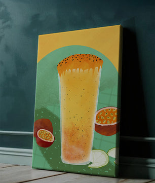 Illustrated tropical passion fruit drink with fresh slices