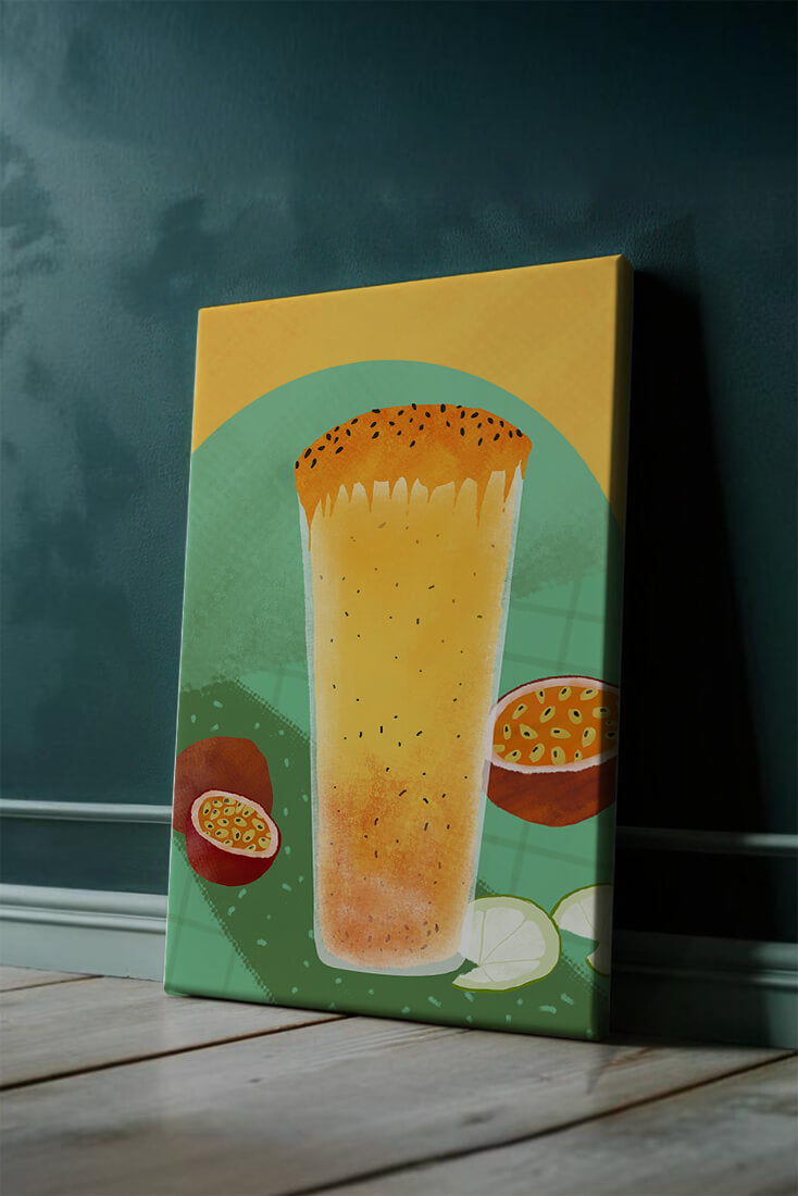 Illustrated tropical passion fruit drink with fresh slices
