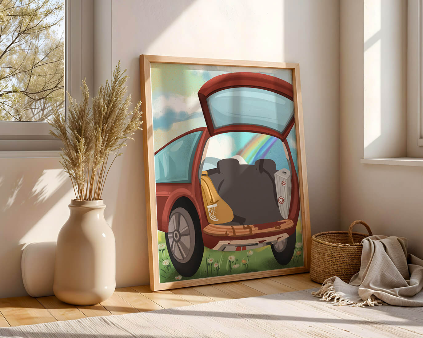 Car Trunk with Picnic Items and Rainbow in Background