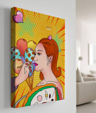 Retrato de mujer en arte pop colorido con globos y patrones vibrantes