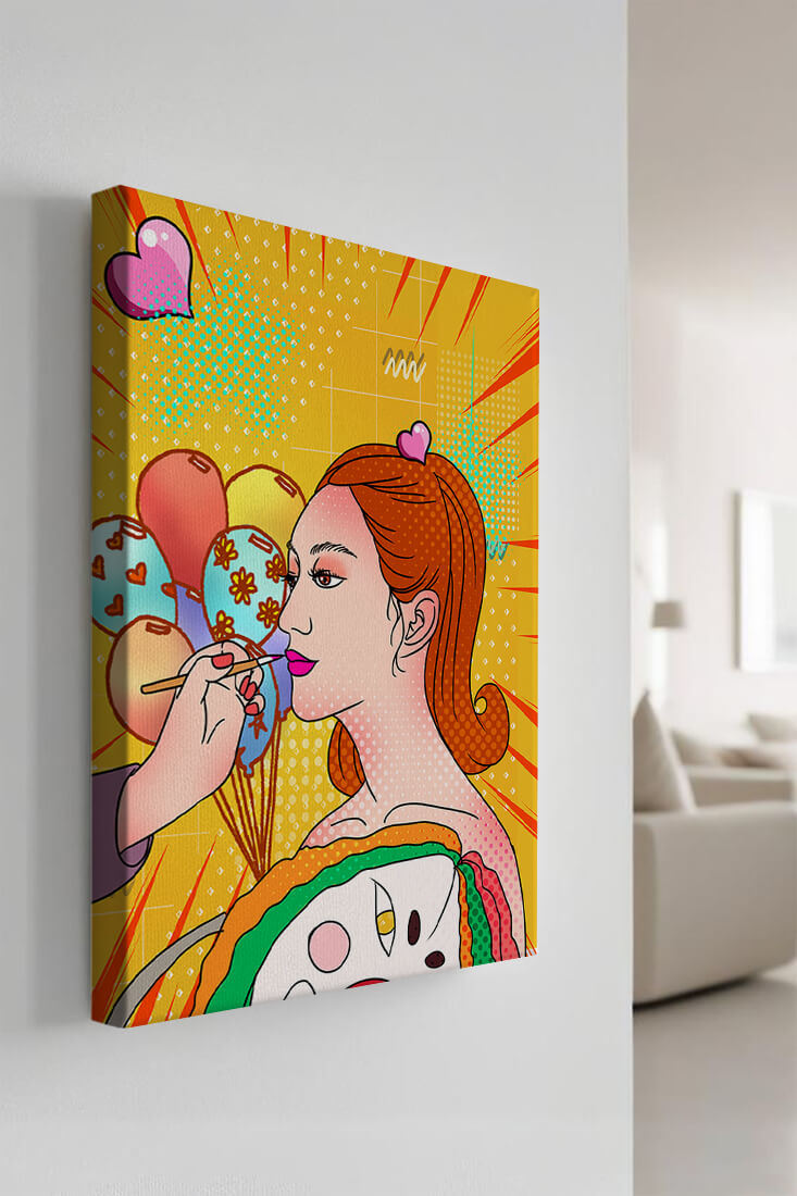 Colorful pop art woman portrait with balloons and vibrant patterns