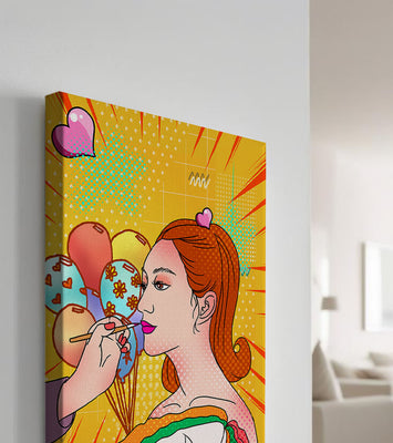 Colorful pop art woman portrait with balloons and vibrant patterns